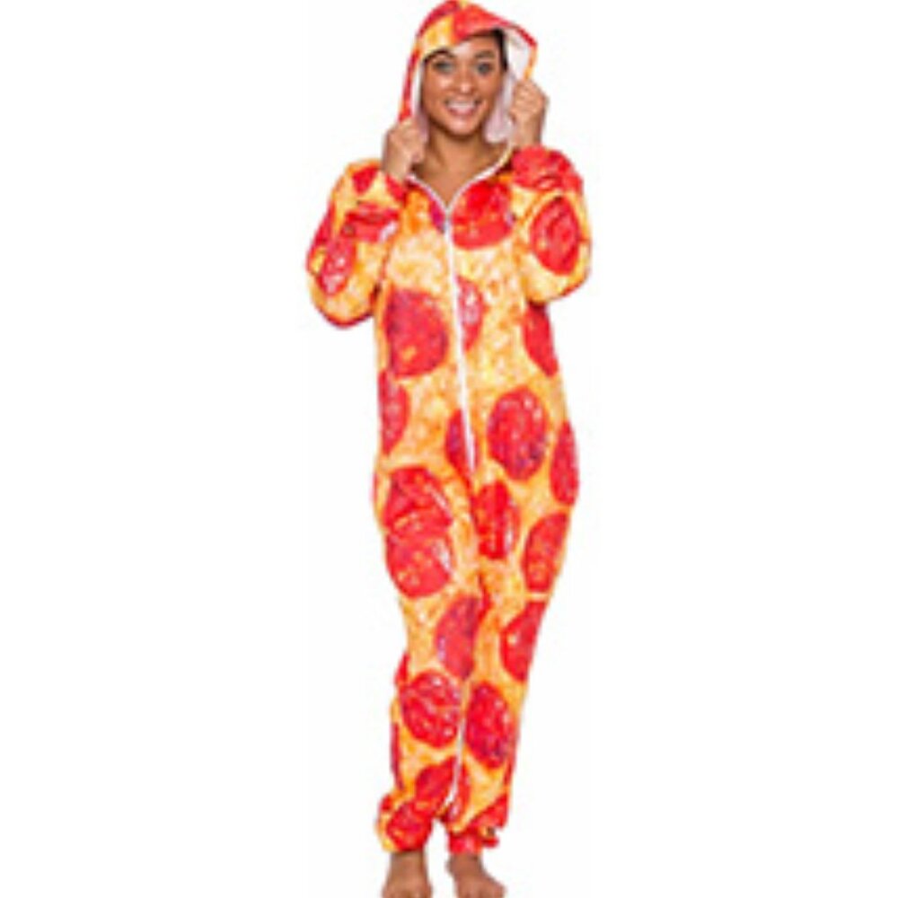Silver Lilly Hooded Pizza Jumpsuit - Unisex Adult Pepperoni Pizza Costume